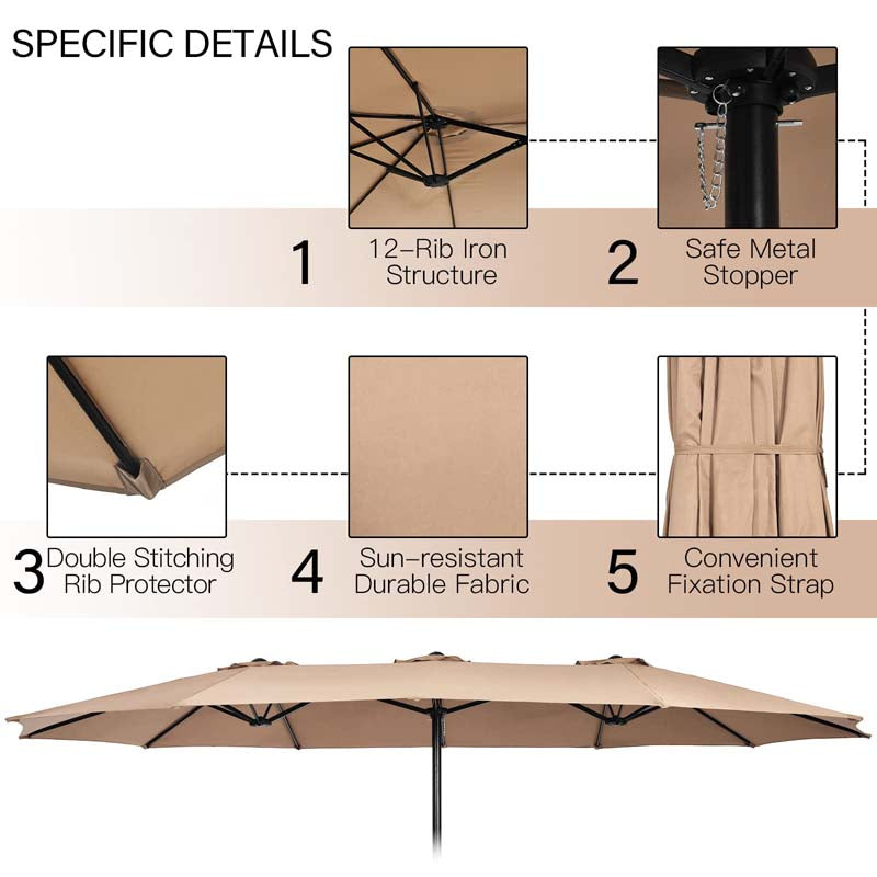 15FT Double Sided Patio Umbrella with Cross Base & Crank, Extra Large Steel Outdoor Market Umbrella UV Protection for Backyard, Poolside