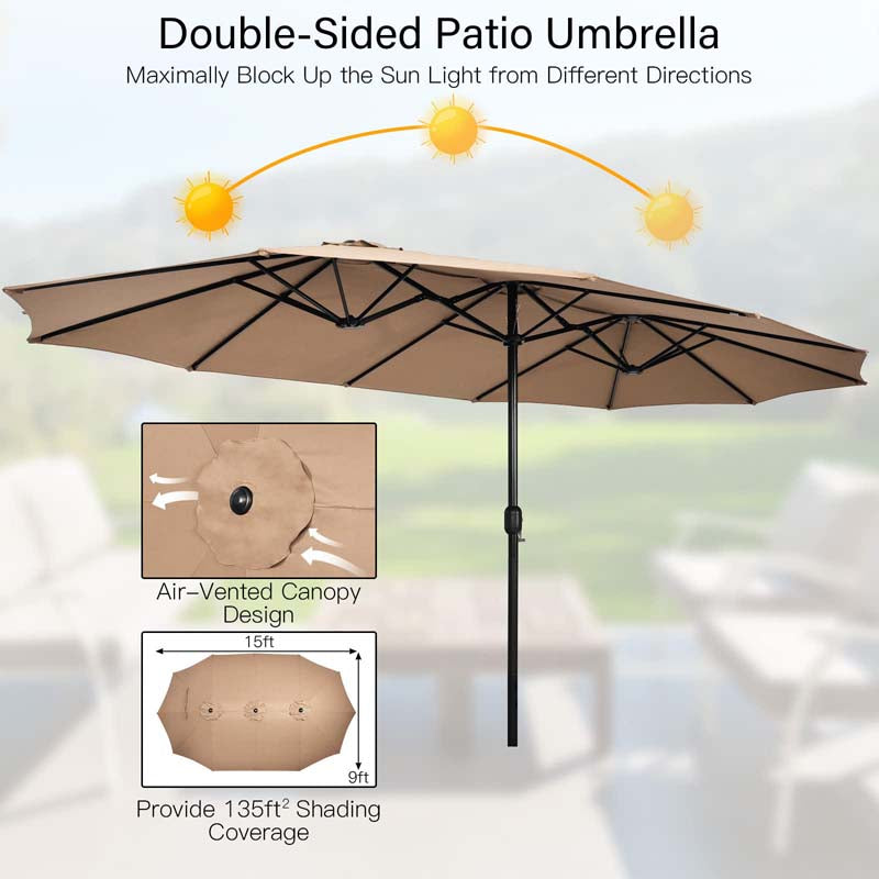 15FT Double Sided Patio Umbrella with Cross Base & Crank, Extra Large Steel Outdoor Market Umbrella UV Protection for Backyard, Poolside