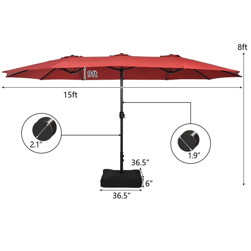 15FT Double Sided Patio Umbrella with Cross Base & Crank, Extra Large Steel Outdoor Market Umbrella UV Protection for Backyard, Poolside
