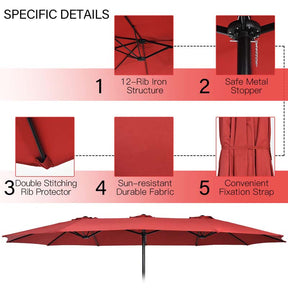 15FT Double Sided Patio Umbrella with Cross Base & Crank, Extra Large Steel Outdoor Market Umbrella UV Protection for Backyard, Poolside