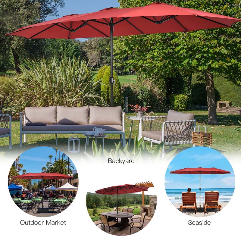 15FT Double Sided Patio Umbrella with Cross Base & Crank, Extra Large Steel Outdoor Market Umbrella UV Protection for Backyard, Poolside