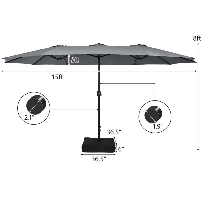 15FT Double Sided Patio Umbrella with Cross Base & Crank, Extra Large Steel Outdoor Market Umbrella UV Protection for Backyard, Poolside