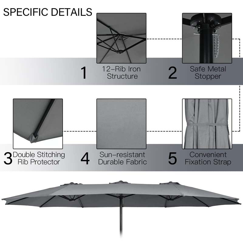 15FT Double Sided Patio Umbrella with Cross Base & Crank, Extra Large Steel Outdoor Market Umbrella UV Protection for Backyard, Poolside