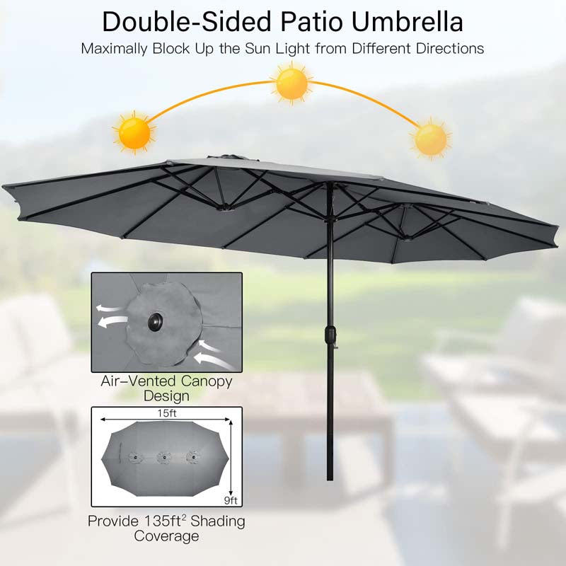 15FT Double Sided Patio Umbrella with Cross Base & Crank, Extra Large Steel Outdoor Market Umbrella UV Protection for Backyard, Poolside