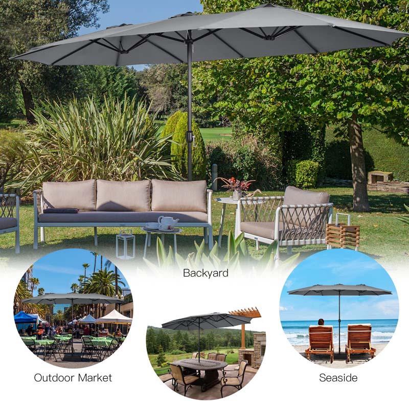 15FT Double Sided Patio Umbrella with Cross Base & Crank, Extra Large Steel Outdoor Market Umbrella UV Protection for Backyard, Poolside