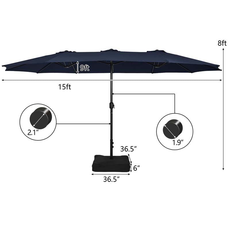 15FT Double Sided Patio Umbrella with Cross Base & Crank, Extra Large Steel Outdoor Market Umbrella UV Protection for Backyard, Poolside