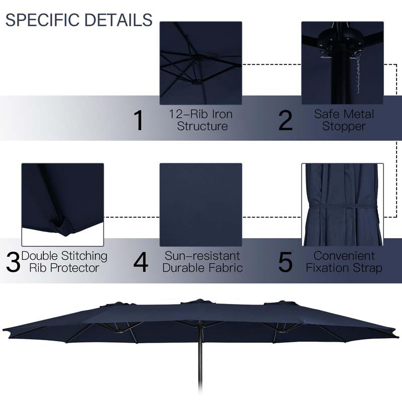 15FT Double Sided Patio Umbrella with Cross Base & Crank, Extra Large Steel Outdoor Market Umbrella UV Protection for Backyard, Poolside