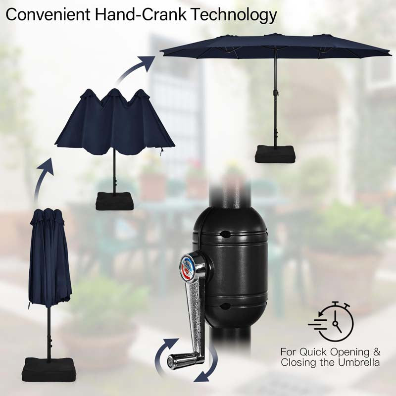 15FT Double Sided Patio Umbrella with Cross Base & Crank, Extra Large Steel Outdoor Market Umbrella UV Protection for Backyard, Poolside