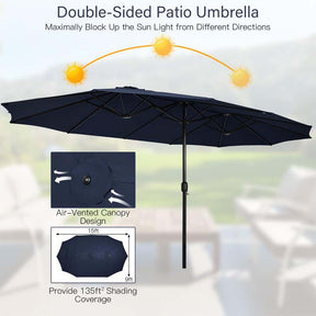 15FT Double Sided Patio Umbrella with Cross Base & Crank, Extra Large Steel Outdoor Market Umbrella UV Protection for Backyard, Poolside