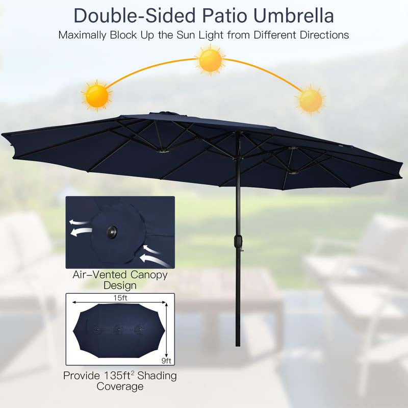 15FT Double Sided Patio Umbrella with Cross Base & Crank, Extra Large Steel Outdoor Market Umbrella UV Protection for Backyard, Poolside