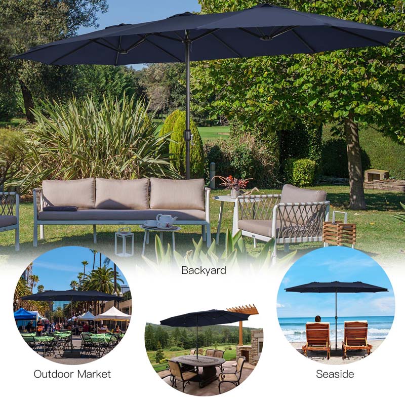 15FT Double Sided Patio Umbrella with Cross Base & Crank, Extra Large Steel Outdoor Market Umbrella UV Protection for Backyard, Poolside