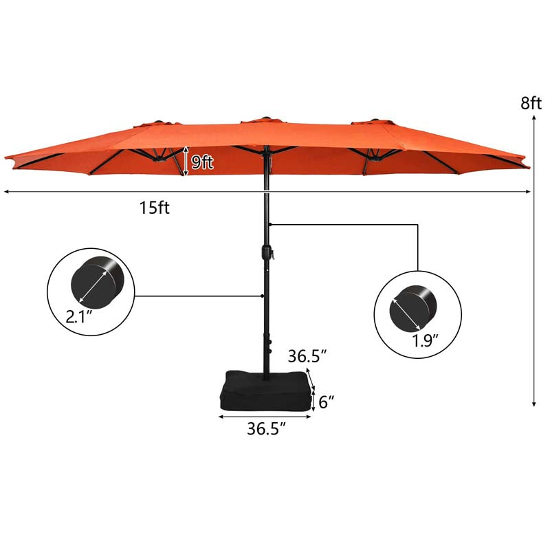 15FT Double Sided Patio Umbrella with Cross Base & Crank, Extra Large Steel Outdoor Market Umbrella UV Protection for Backyard, Poolside