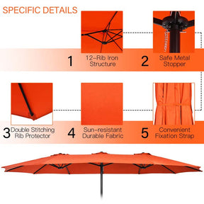 15FT Double Sided Patio Umbrella with Cross Base & Crank, Extra Large Steel Outdoor Market Umbrella UV Protection for Backyard, Poolside