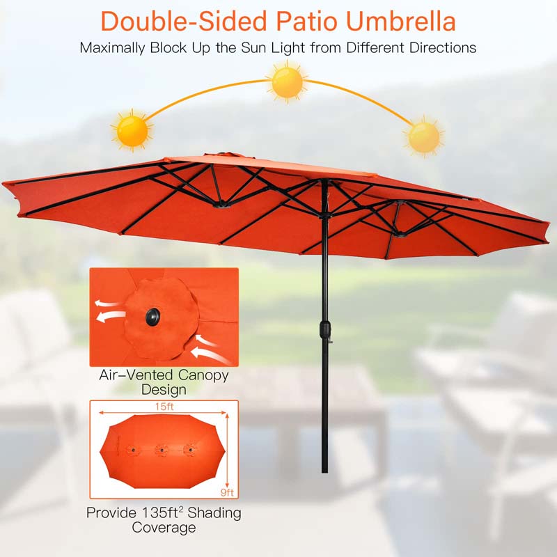 15FT Double Sided Patio Umbrella with Cross Base & Crank, Extra Large Steel Outdoor Market Umbrella UV Protection for Backyard, Poolside
