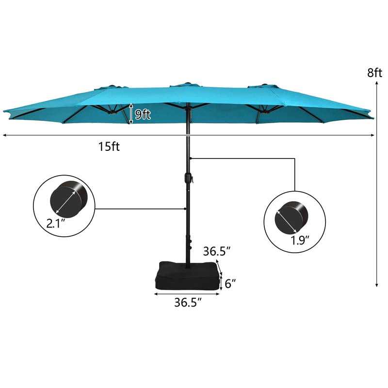 15FT Double Sided Patio Umbrella with Cross Base & Crank, Extra Large Steel Outdoor Market Umbrella UV Protection for Backyard, Poolside