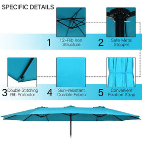 15FT Double Sided Patio Umbrella with Cross Base & Crank, Extra Large Steel Outdoor Market Umbrella UV Protection for Backyard, Poolside