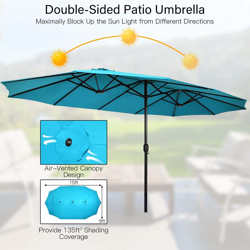 15FT Double Sided Patio Umbrella with Cross Base & Crank, Extra Large Steel Outdoor Market Umbrella UV Protection for Backyard, Poolside