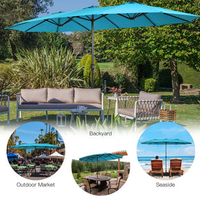 15FT Double Sided Patio Umbrella with Cross Base & Crank, Extra Large Steel Outdoor Market Umbrella UV Protection for Backyard, Poolside