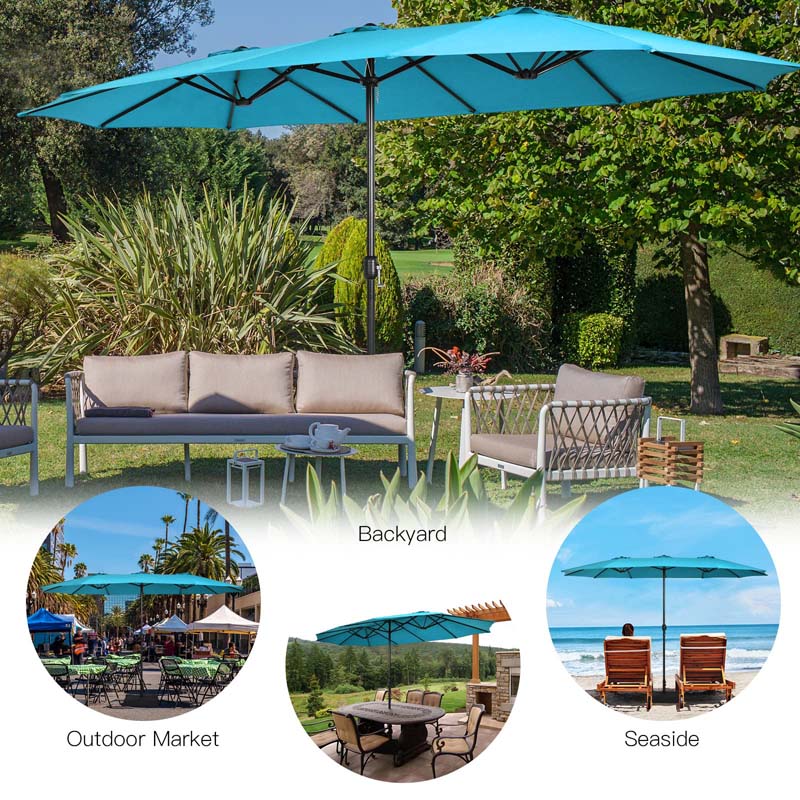 15FT Double Sided Patio Umbrella with Cross Base & Crank, Extra Large Steel Outdoor Market Umbrella UV Protection for Backyard, Poolside