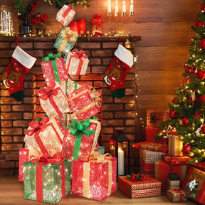 5.6FT Lighted Gift Box Tower, 15 Pre-Lit Stacked Boxes with 450 Warm White Lights, Metal Base & Ribbons, Indoor/Outdoor Christmas Light-Up Decoration