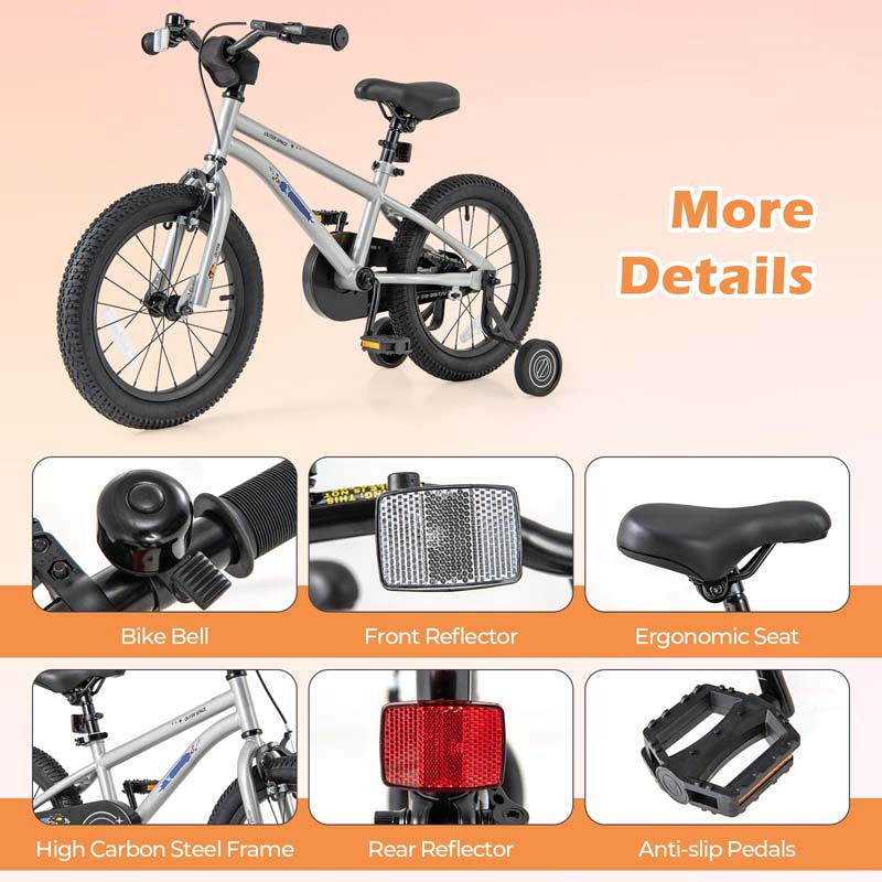 16 Inch Kids Bike Bicycle with Training Wheels & Adjustable Saddle for 4-7 Years Old Boys Girls, Heavy-Duty Steel Frame Children Sport Mtb