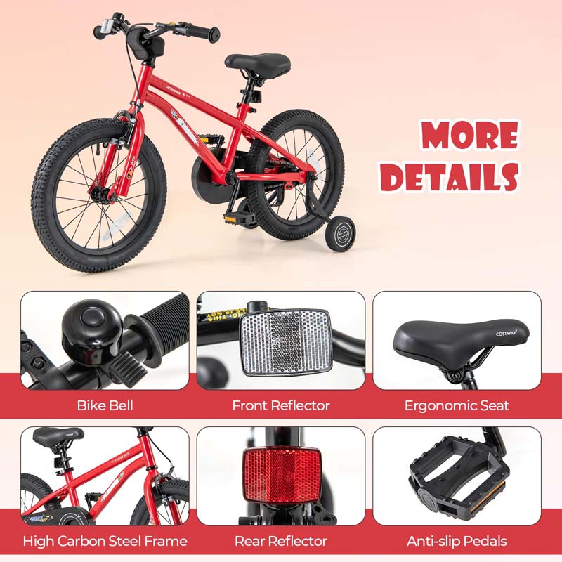 16 Inch Kids Bike Bicycle with Training Wheels & Adjustable Saddle for 4-7 Years Old Boys Girls, Heavy-Duty Steel Frame Children Sport Mtb