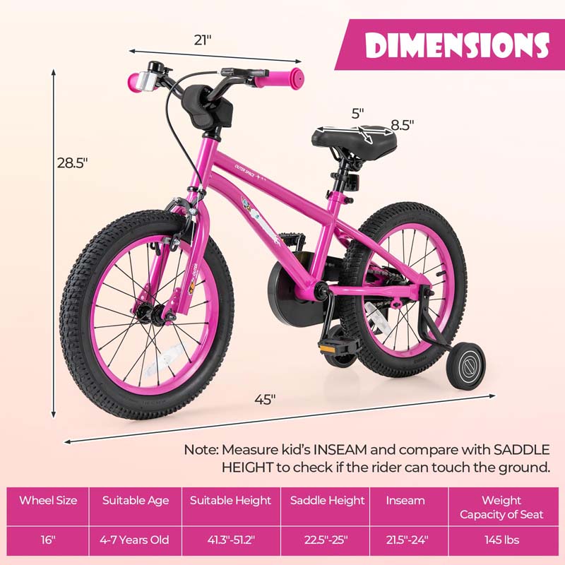 16 Inch Kids Bike Bicycle with Training Wheels & Adjustable Saddle for 4-7 Years Old Boys Girls, Heavy-Duty Steel Frame Children Sport Mtb