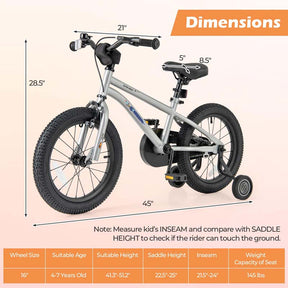 16 Inch Kids Bike Bicycle with Training Wheels & Adjustable Saddle for 4-7 Years Old Boys Girls, Heavy-Duty Steel Frame Children Sport Mtb