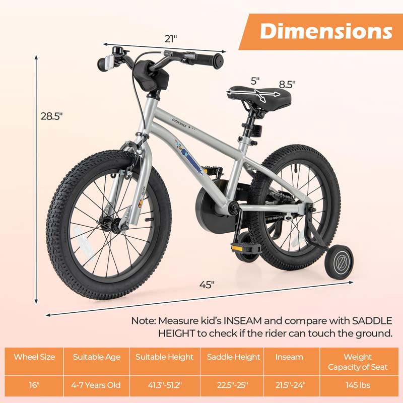 16 Inch Kids Bike Bicycle with Training Wheels & Adjustable Saddle for 4-7 Years Old Boys Girls, Heavy-Duty Steel Frame Children Sport Mtb