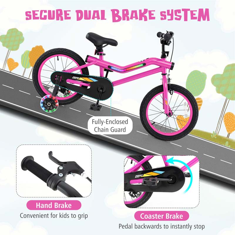 16/18 Inch LED Lighted Kids Bike with Training Wheels, Adjustable Seat & Headlight, Children Bicycle for 4-8 Years Old Boys Girls Gift