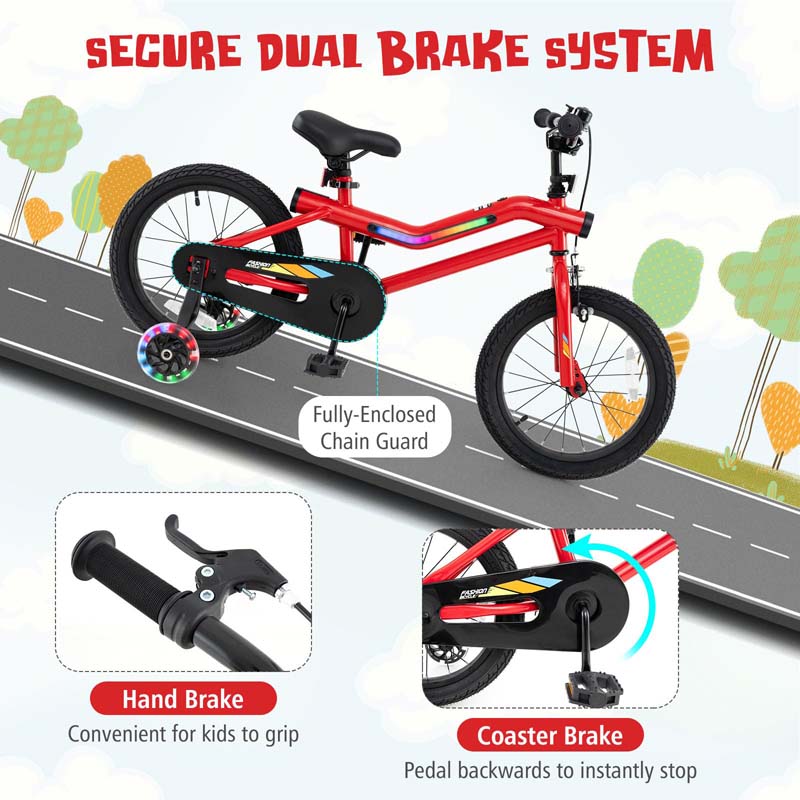 16/18 Inch LED Lighted Kids Bike with Training Wheels, Adjustable Seat & Headlight, Children Bicycle for 4-8 Years Old Boys Girls Gift