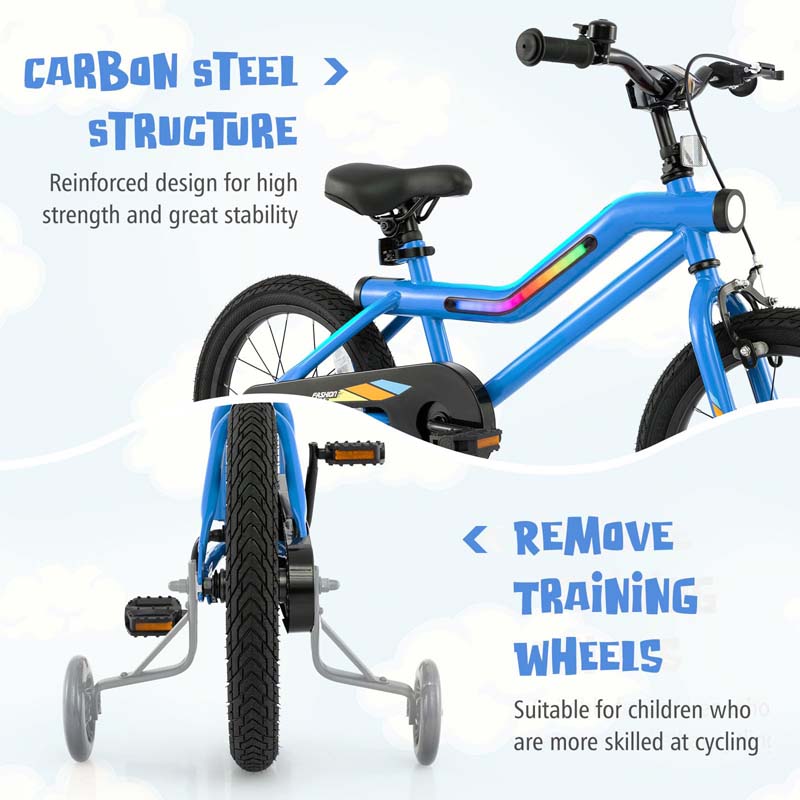 16/18 Inch LED Lighted Kids Bike with Training Wheels, Adjustable Seat & Headlight, Children Bicycle for 4-8 Years Old Boys Girls Gift