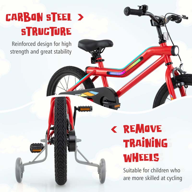 16/18 Inch LED Lighted Kids Bike with Training Wheels, Adjustable Seat & Headlight, Children Bicycle for 4-8 Years Old Boys Girls Gift