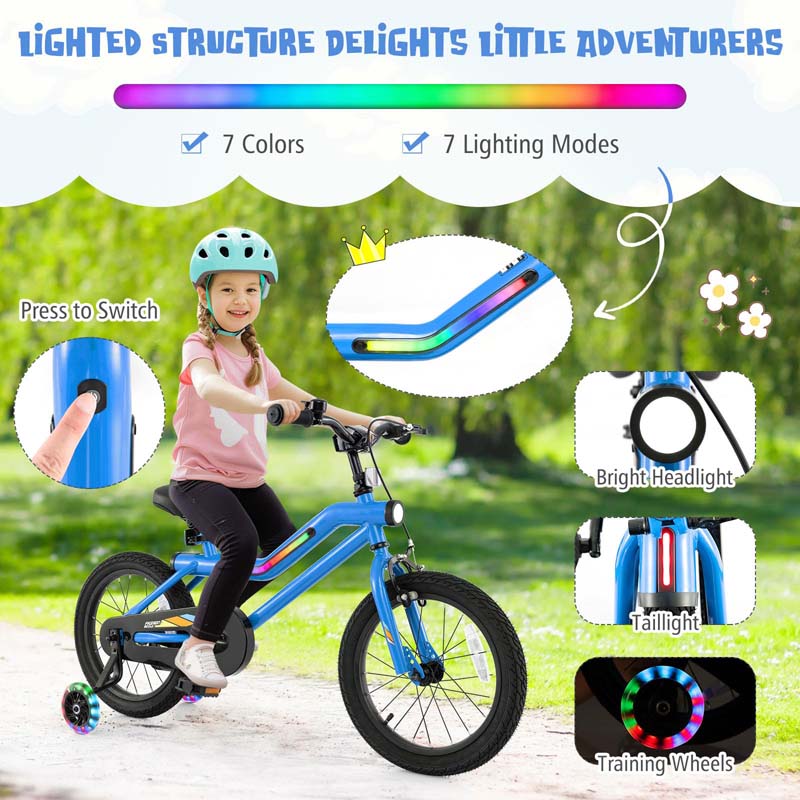 16/18 Inch LED Lighted Kids Bike with Training Wheels, Adjustable Seat & Headlight, Children Bicycle for 4-8 Years Old Boys Girls Gift