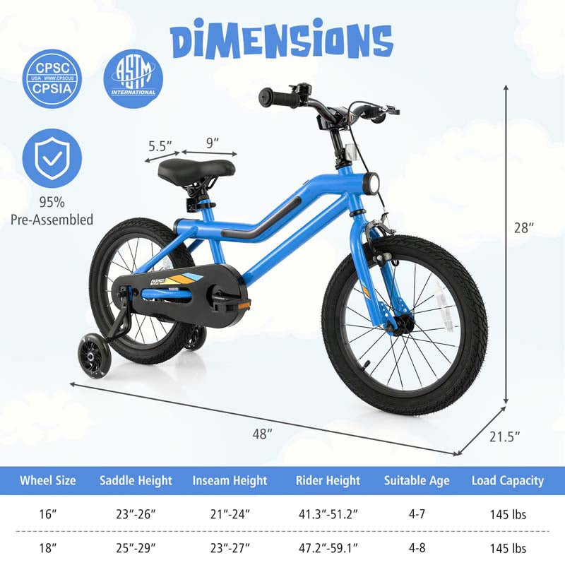 16/18 Inch LED Lighted Kids Bike with Training Wheels, Adjustable Seat & Headlight, Children Bicycle for 4-8 Years Old Boys Girls Gift