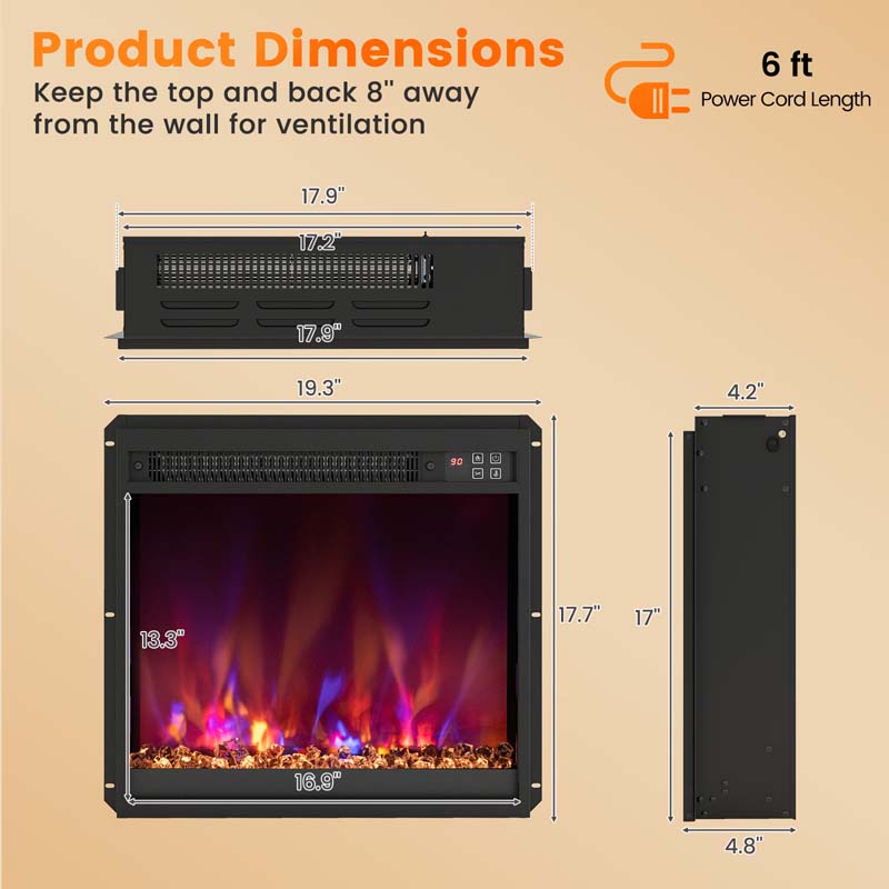 18/23/26" Electric Fireplace Insert, 1500W Recessed Fireplace Heater with Remote Control, 0.5-9H Timer, Adjustable Flame & Ember Bed Color