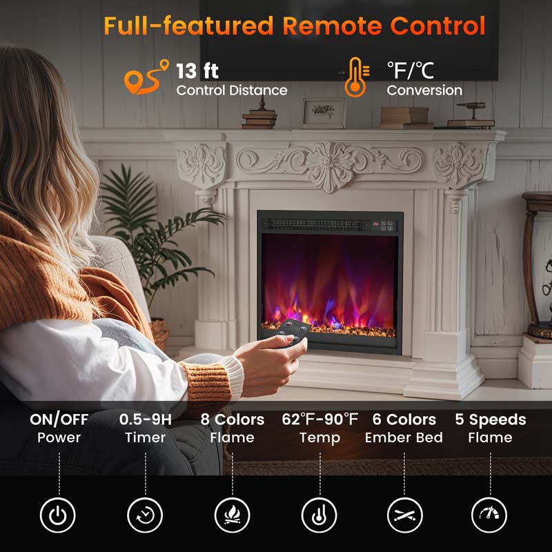 18/23/26" Electric Fireplace Insert, 1500W Recessed Fireplace Heater with Remote Control, 0.5-9H Timer, Adjustable Flame & Ember Bed Color
