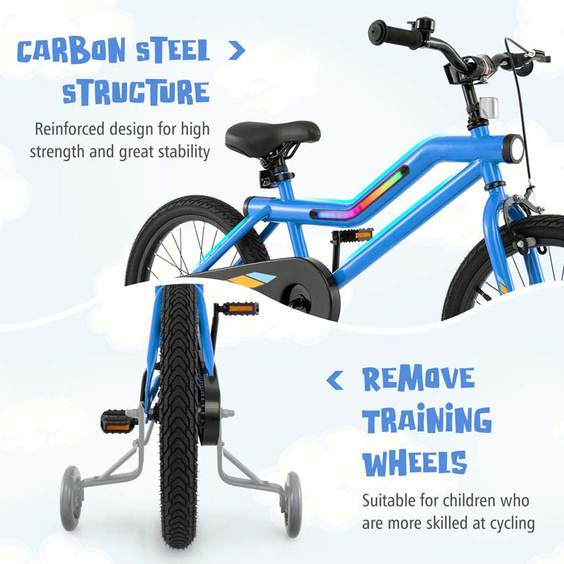 16/18 Inch LED Lighted Kids Bike with Training Wheels, Adjustable Seat & Headlight, Children Bicycle for 4-8 Years Old Boys Girls Gift