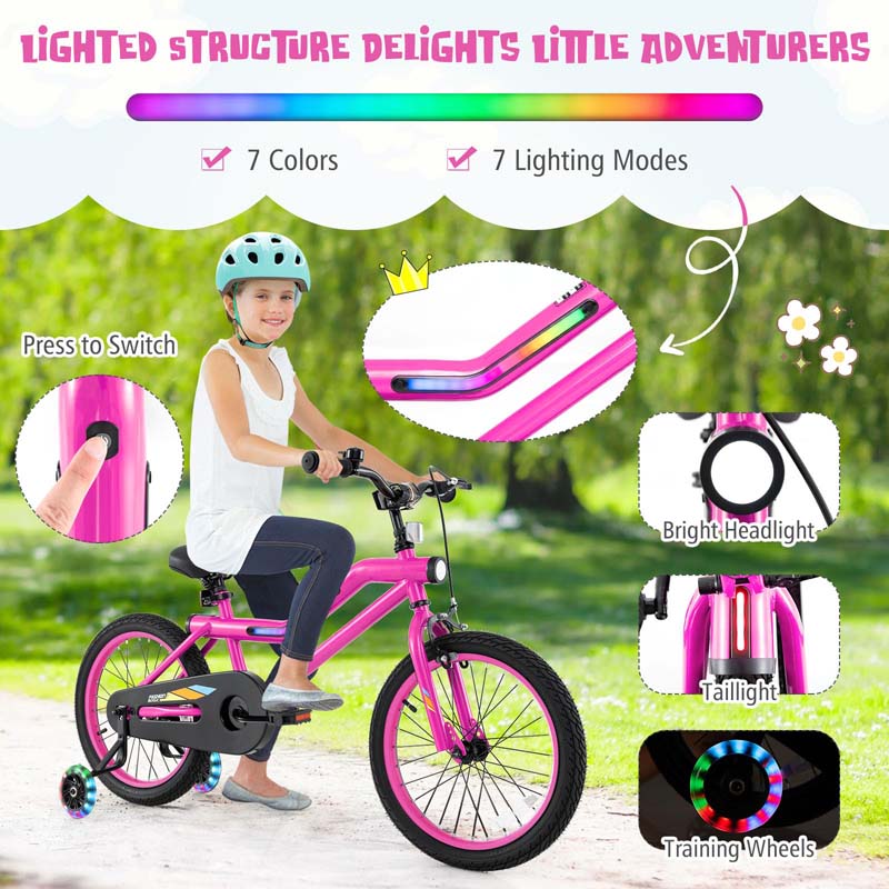 16/18 Inch LED Lighted Kids Bike with Training Wheels, Adjustable Seat & Headlight, Children Bicycle for 4-8 Years Old Boys Girls Gift
