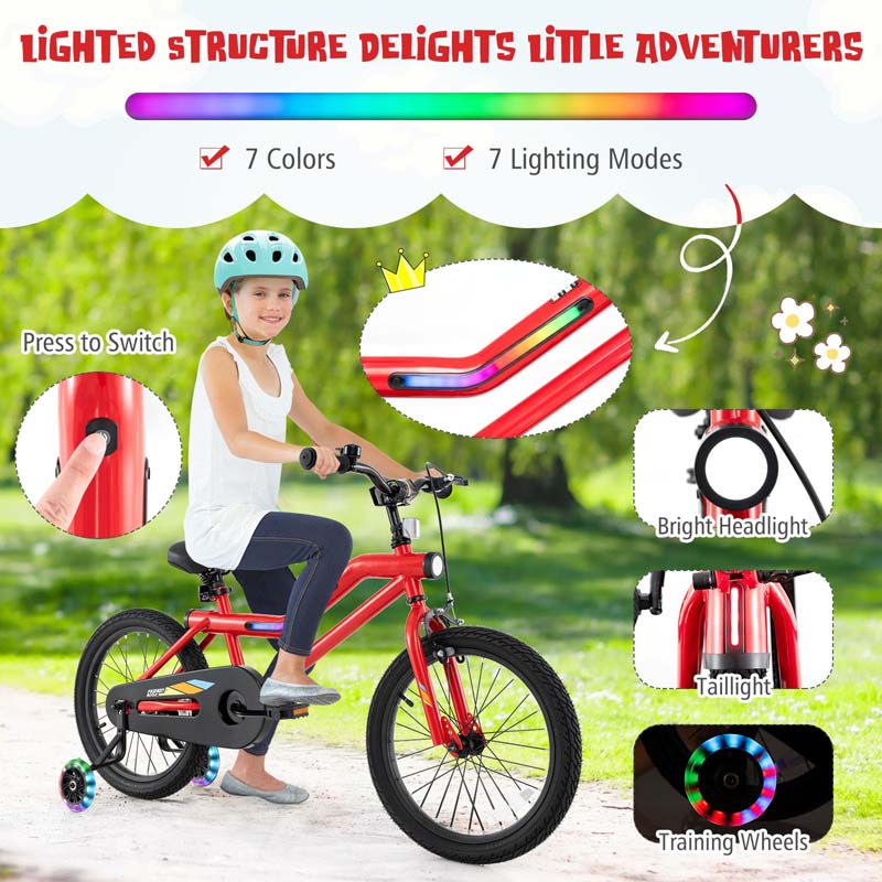 16/18 Inch LED Lighted Kids Bike with Training Wheels, Adjustable Seat & Headlight, Children Bicycle for 4-8 Years Old Boys Girls Gift