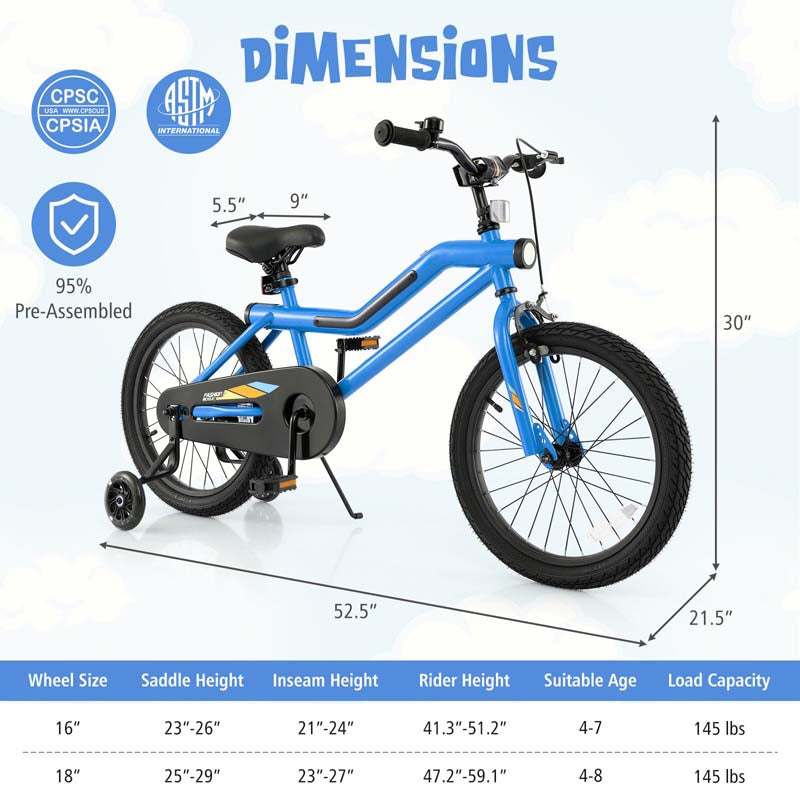 16/18 Inch LED Lighted Kids Bike with Training Wheels, Adjustable Seat & Headlight, Children Bicycle for 4-8 Years Old Boys Girls Gift