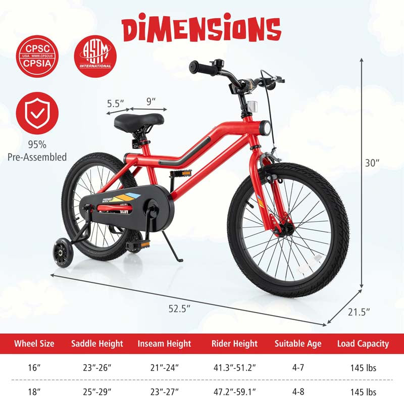 16/18 Inch LED Lighted Kids Bike with Training Wheels, Adjustable Seat & Headlight, Children Bicycle for 4-8 Years Old Boys Girls Gift