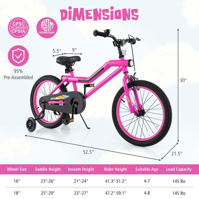 16/18 Inch LED Lighted Kids Bike with Training Wheels, Adjustable Seat & Headlight, Children Bicycle for 4-8 Years Old Boys Girls Gift