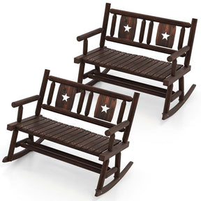 Carbonized Wood Double Rocking Chair, 2 Person Porch Rocker Bench Loveseat with Wide Curved Seat & 710LB Capacity for Backyard, Garden, Patio