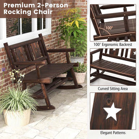 Carbonized Wood Double Rocking Chair, 2 Person Porch Rocker Bench Loveseat with Wide Curved Seat & 710LB Capacity for Backyard, Garden, Patio