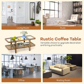 2-Tier Rattan Coffee Table, 47.5" Solid Wood Rectangle Tea Table with Tempered Glass Top & Storage Shelf, Farmhouse Boho Center Table for Living Room