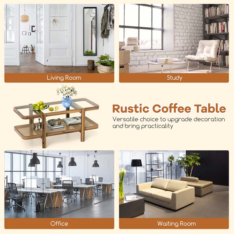 2-Tier Rattan Coffee Table, 47.5" Solid Wood Rectangle Tea Table with Tempered Glass Top & Storage Shelf, Farmhouse Boho Center Table for Living Room