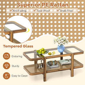 2-Tier Rattan Coffee Table, 47.5" Solid Wood Rectangle Tea Table with Tempered Glass Top & Storage Shelf, Farmhouse Boho Center Table for Living Room