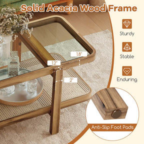 2-Tier Rattan Coffee Table, 47.5" Solid Wood Rectangle Tea Table with Tempered Glass Top & Storage Shelf, Farmhouse Boho Center Table for Living Room