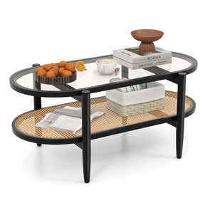 2-Tier Oval Boho Coffee Table with Tempered Glass Top, Rattan Shelf & Acacia Wood Frame, Mid Century Modern Center Table for Living Room Office